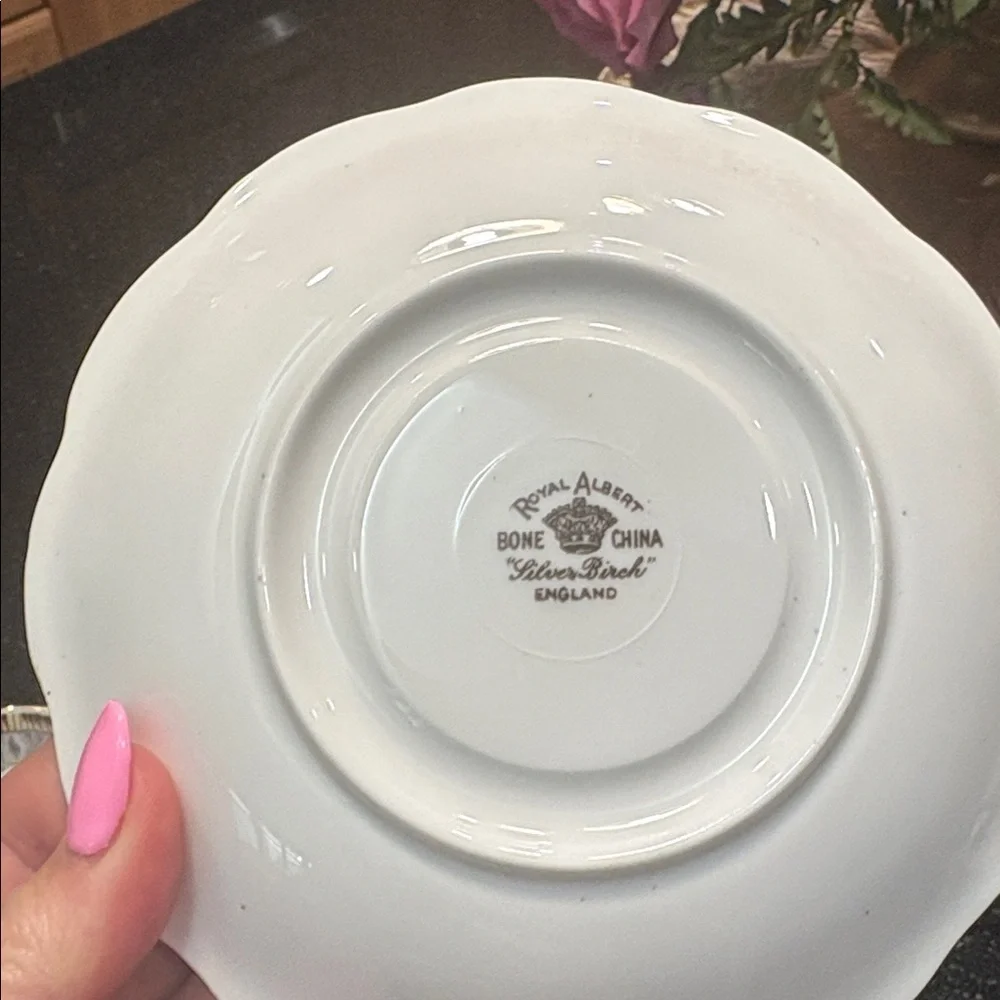 Vintage Royal Albert Floral Silver Birch Bone China Cup & Saucer with Gold Trim